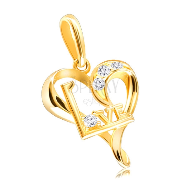 Diamantový přívěsek ze žlutého 375 zlata - linie malého srdce, čiré brilianty, nápis "Love"
