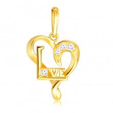 Diamantový přívěsek ze žlutého 375 zlata - linie malého srdce, čiré brilianty, nápis "Love"