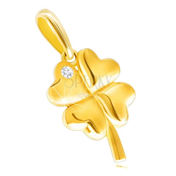 Diamantový přívěsek ze žlutého 9K zlata - lesklý čtyřlístek s blýskavým briliantem