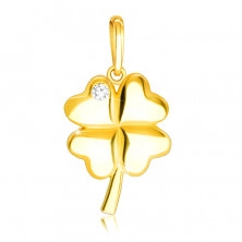 Diamantový přívěsek ze žlutého 9K zlata - lesklý čtyřlístek s blýskavým briliantem