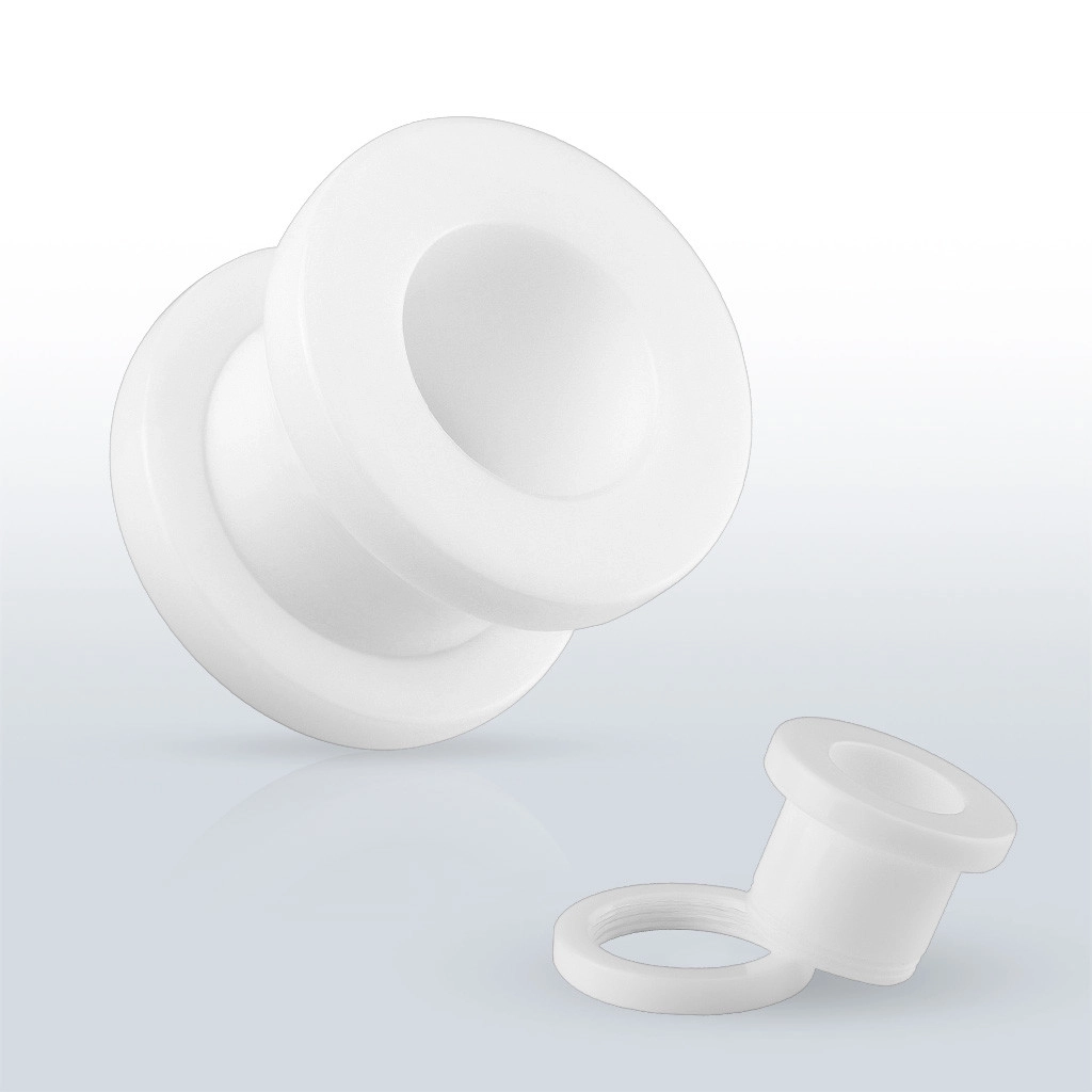 Bílý akrylový tunel do ucha - hladký povrch, šroubovací upevnění - Tloušťka : 10 mm