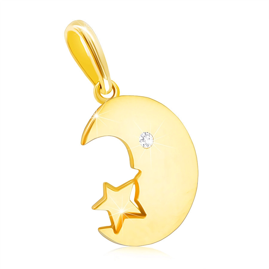 Diamantový přívěsek ve žlutém 14K zlatě - měsíček s briliantovým očkem a hvězda