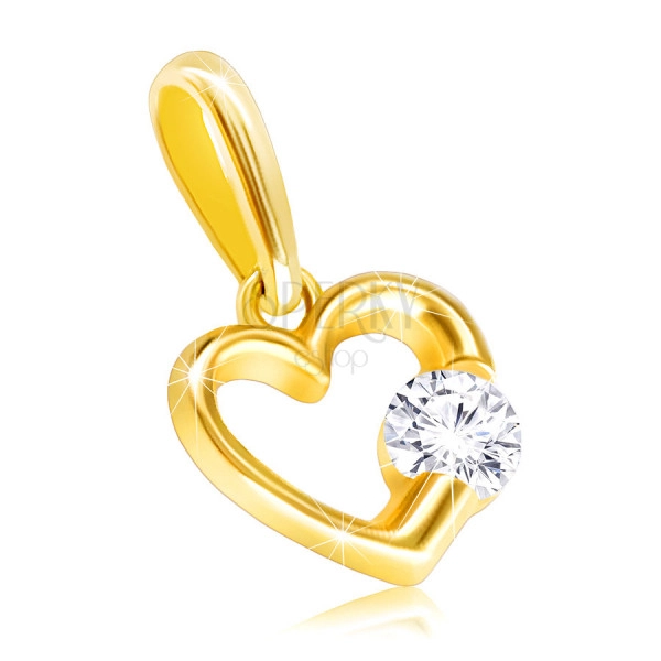Diamantový přívěsek ve 14K žlutém zlatě - lesklá kontura srdce s čirým briliantem
