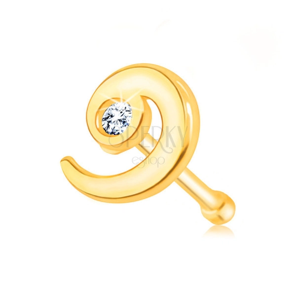 Diamantový piercing do nosu ze žlutého 14K zlata, rovný - spirála s čirým briliantem