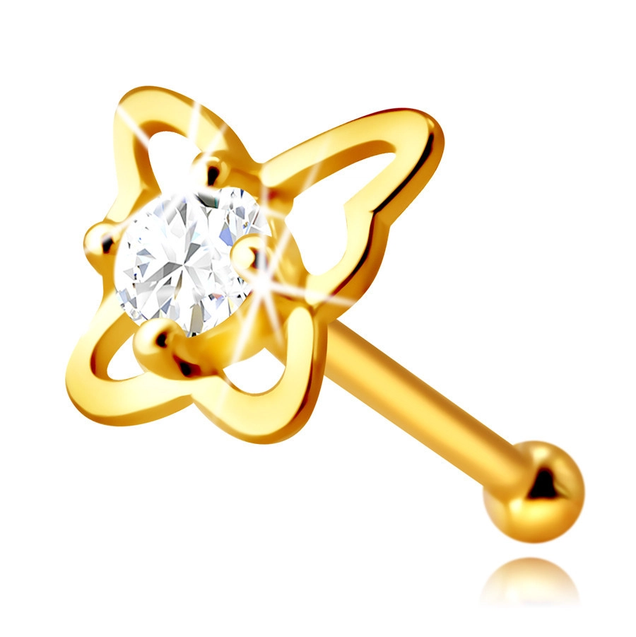 Levně Diamantový piercing do nosu ze 14K žlutého zlata - kontura motýla s briliantem, 2,25 mm