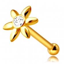 Diamantový piercing do nosu ze žlutého 585 zlata, rovný - kvítek s čirým briliantem