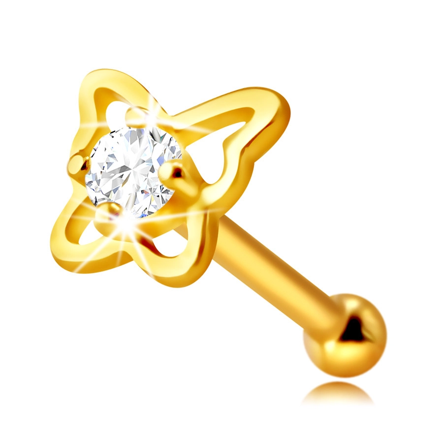 Diamantový piercing do nosu ze 14K žlutého zlata - kontura motýla s briliantem, 1,5 mm