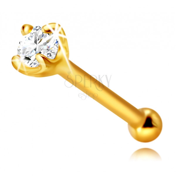 Diamantový piercing do nosu z 585 žlutého zlata, rovný - třpytivý briliant v kotlíku, 1,75 mm