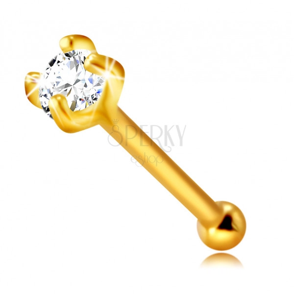 Diamantový piercing do nosu ze 14K žlutého zlata, rovný - třpytivý briliant v kotlíku, 2,25 mm