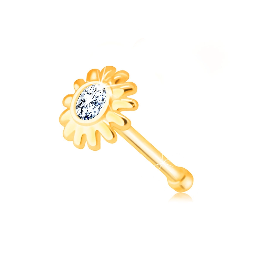 Levně Diamantový piercing do nosu z 375 žlutého zlata - kvítek s briliantem v čirém odstínu