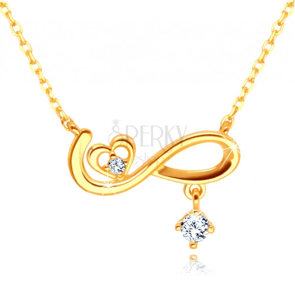 Diamantový náhrdelník ze 14K žlutého zlata - symbol nekonečna, srdíčko, brilianty