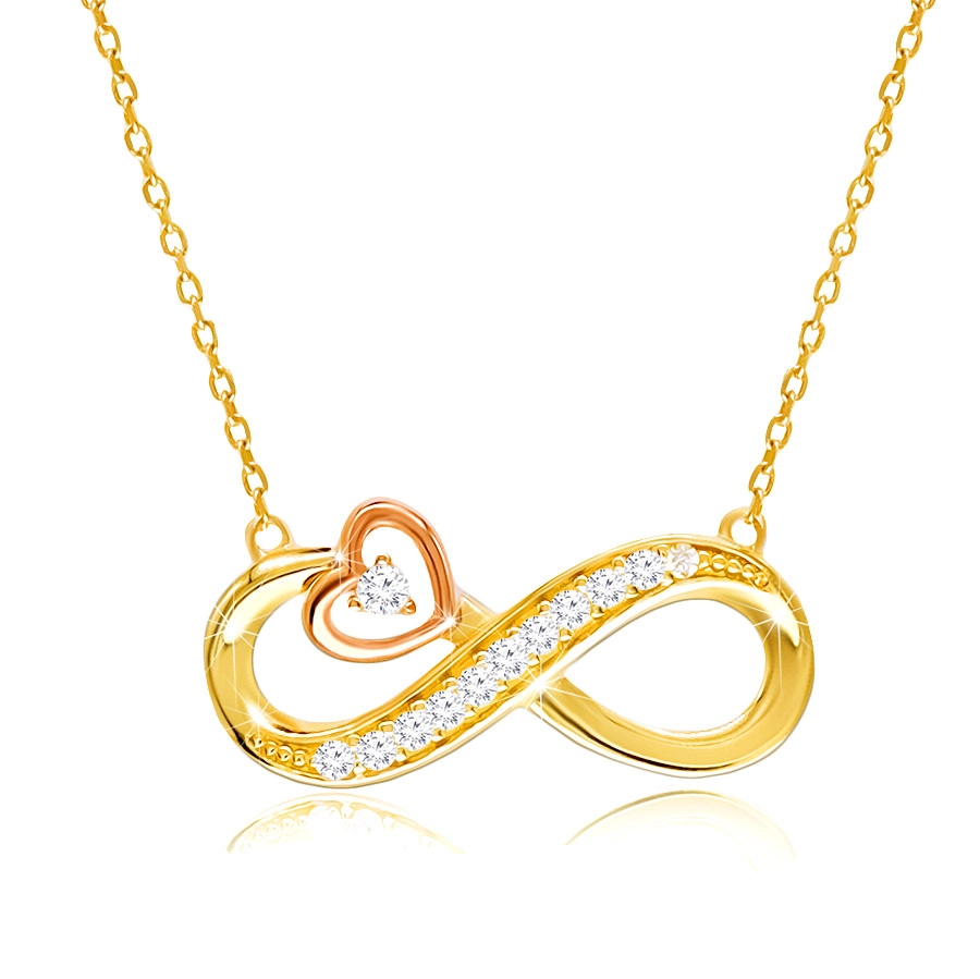 Levně Diamantový náhrdelník z kombinovaného 14K zlata - symbol nekonečna, kontura srdce, brilianty