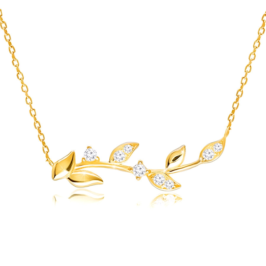 Levně Diamantový náhrdelník ze žlutého 14K zlata - stonek s hladkými a briliantovými listy