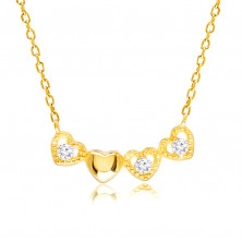 Diamantový náhrdelník ze žlutého 14K zlata - pospojovaná srdíčka, čiré brilianty
