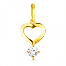 Diamantový přívěsek ze 14K žlutého zlata - motiv srdce se zatočenými liniemi, briliant