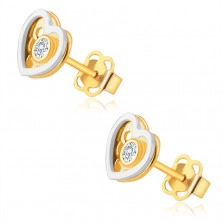 Diamantové náušnice v kombinovaném 14K zlatě - srdíčko, kulatý čirý briliant