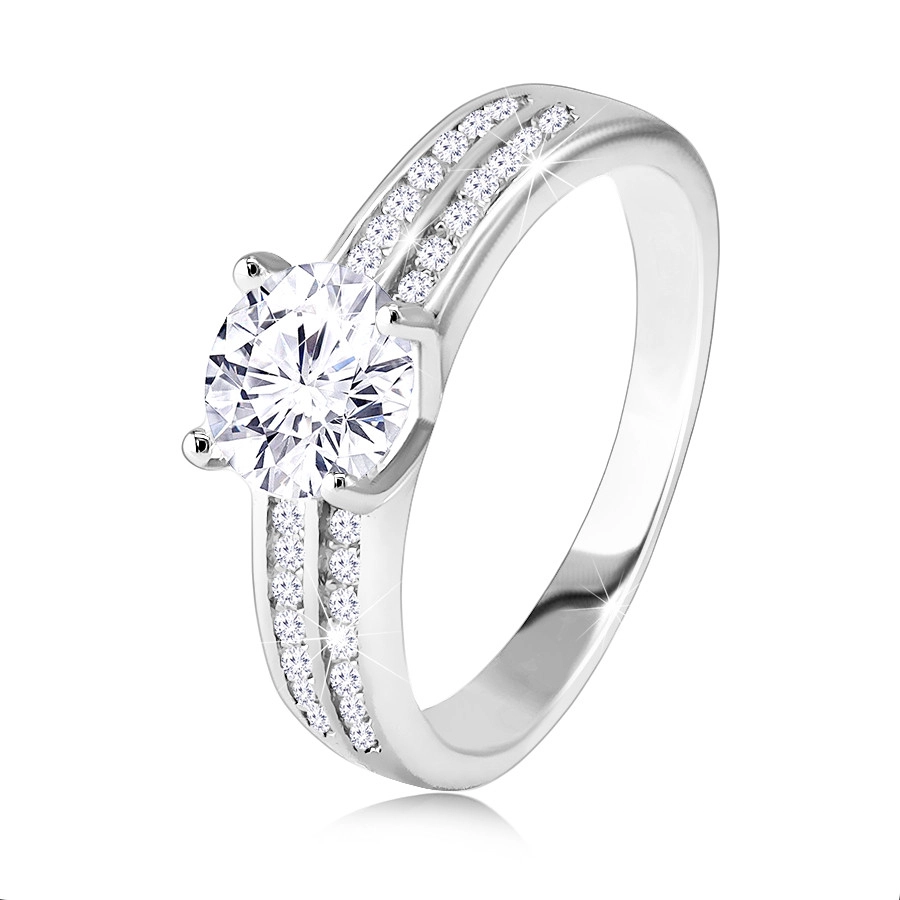 Stříbrný 925 prsten, zásnubní - dva pásy zirkonů, kulatý broušený zirkon uprostřed - Velikost: 60