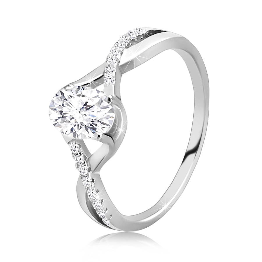 Zásnubní prsten z 925 stříbra - oválný čirý zirkon, propletená zvlněná ramena - Velikost: 65
