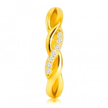 Lesklý prsten ze 14K žlutého zlata - propletené vlnky, briliantová linie