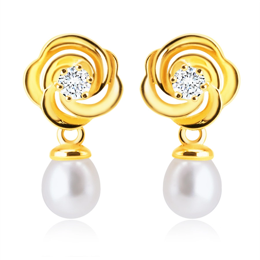 Diamantové náušnice ve 14K žlutém zlatě - briliant, květ s okvětními lístky, bílá sladkovodní perla