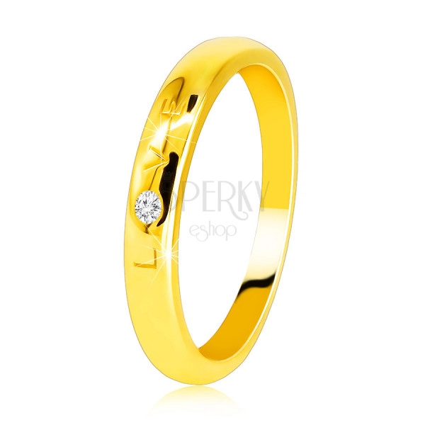 Diamantový prsten ve žlutém 585 zlatě - nápis "LOVE" s briliantem, hladký povrch, 1,6 mm