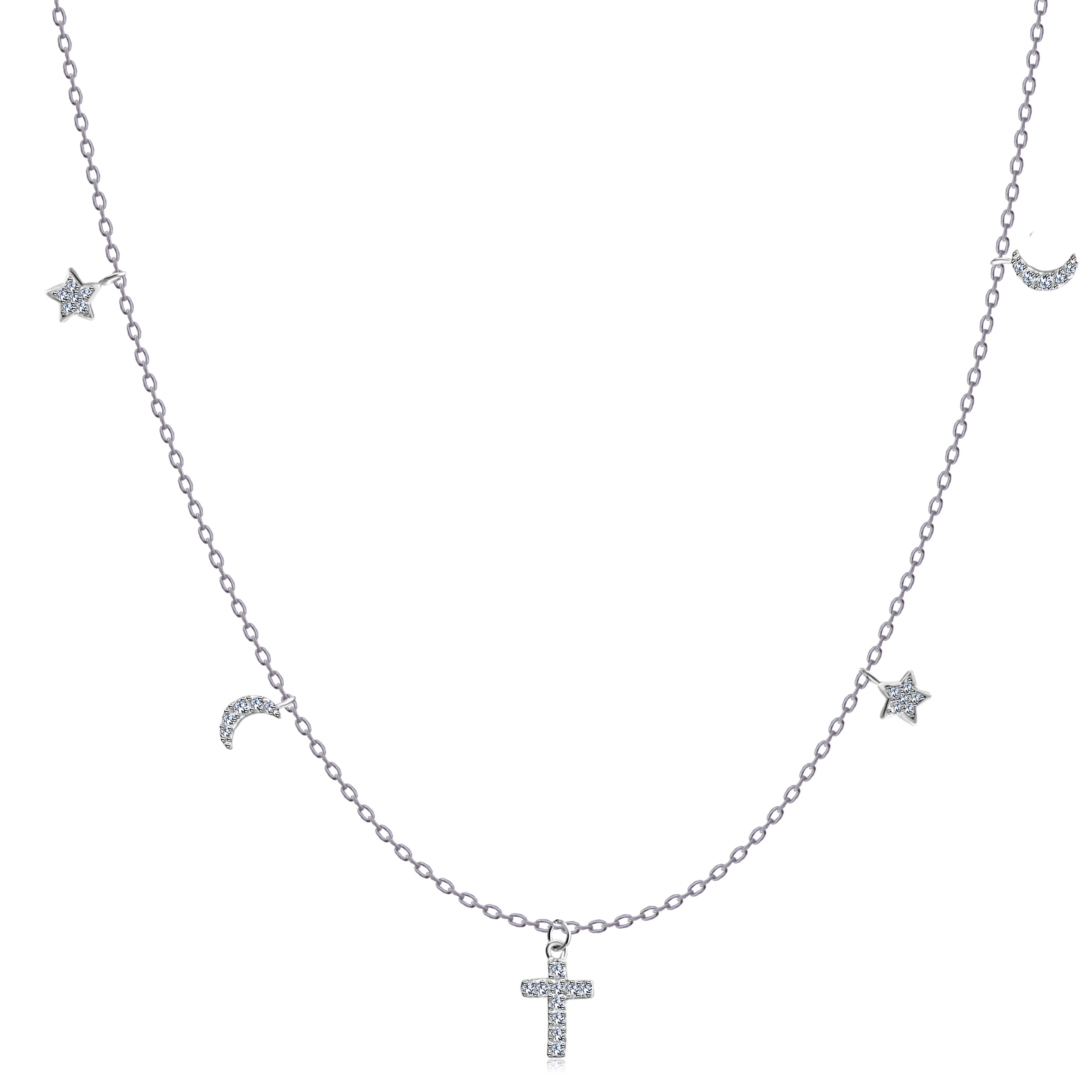 Náhrdelník z 925 stříbra - křížek, hvězdy a měsíčky, čiré zirkony