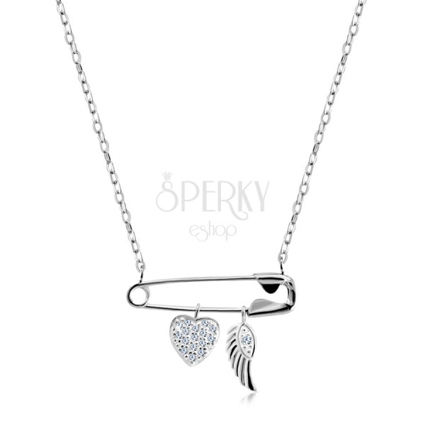 Stříbrný 925 náhrdelník - spínací špendlík s přívěsky, srdíčko se zirkony, andělské křídlo