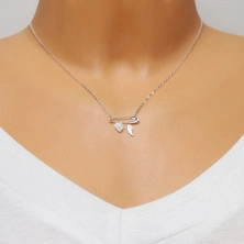 Stříbrný 925 náhrdelník - spínací špendlík s přívěsky, srdíčko se zirkony, andělské křídlo