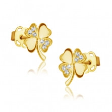 Diamantové náušnice ze 14K žlutého zlata - čtyřlístek s blýskavými brilianty