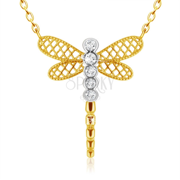 Diamantový náhrdelník z kombinovaného 585 zlata - vážka s křídly, čiré brilianty