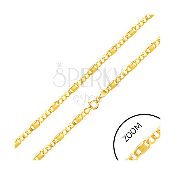 Lesklý zlatý řetízek 585 - tři oválná očka, článek s obdélníkovou známkou, 500 mm