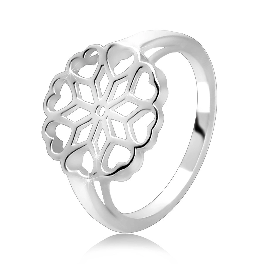 Stříbrný 925 prsten - vyřezávaný květ, srdíčkovité okvětní lístky - Velikost: 59