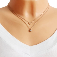 Dvojitý ocelový náhrdelník - srdíčko a čirý zirkon v objímce, měděná barva