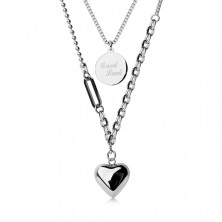Dvojitý ocelový náhrdelník, stříbrná barva - známka s nápisem "Good Luck"- mnoho štěstí, srdce
