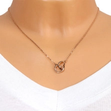 Ocelový náhrdelník měděné barvy, jemný řetízek, dvě propojené kontury srdcí