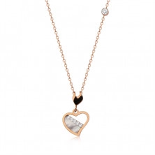 Ocelový náhrdelník v měděné barvě, nepravidelný obrys srdce, perleť, čiré zirkony