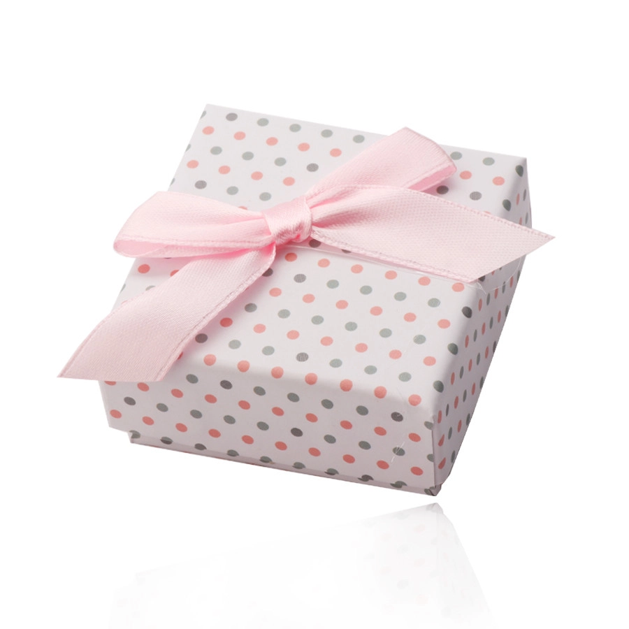 Levně Bílá dárková krabička na prsteny nebo náušnice, růžové a šedé tečky, mašlička