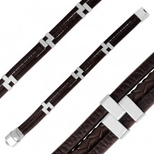 Hnědý kožený náramek - tři pásky, pletenec uprostřed, kovové posuvné články