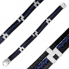 Černý kožený náramek - modrý pletenec uprostřed, kovové posuvné články