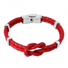 Červený kožený náramek - uzel ze dvou pletenců, kovové svorky, hodinkové zapínání