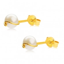 Zlaté 375 náušnice - kultivovaná bílá perla, tenká zvlněná linie, puzetky
