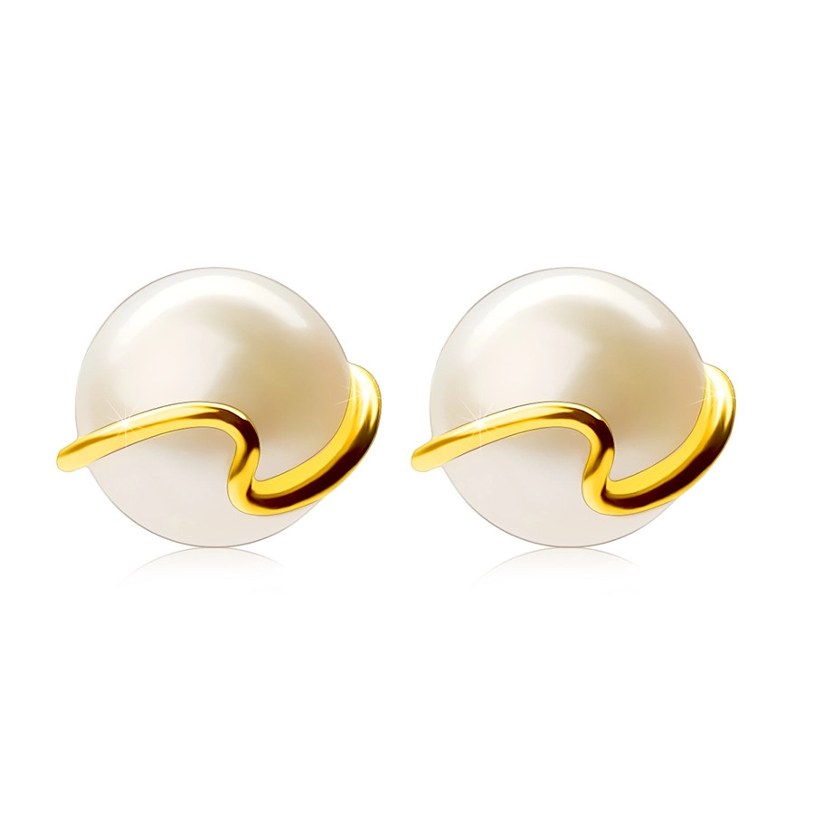 Zlaté 375 náušnice - kultivovaná bílá perla, tenká zvlněná linie, puzetky