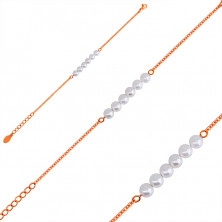 Náramek s kuličkami v perleťové barvě, jemný ocelový řetízek - měděná barva
