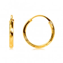 Náušnice ve žlutém 585 zlatě - kruhy s bočním rýhováním a diamantovým řezem, 12 mm