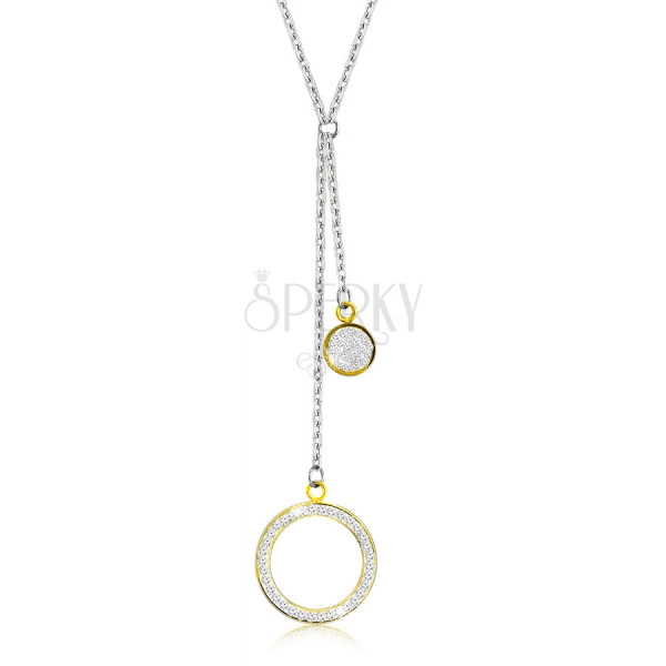 Ocelový náhrdelník - velký obrys kruhu s krystalky, plochý kroužek, přívěsky ve zlaté barvě