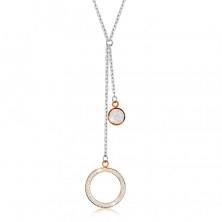 Ocelový náhrdelník - velký obrys kruhu s krystalky, plochý kroužek, přívěsky v měděné barvě