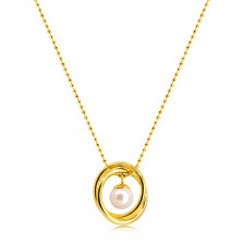 Náhrdelník z oceli ve zlaté barvě - kuličkový řetízek, dva zkřížené kruhy, perleťová kulička