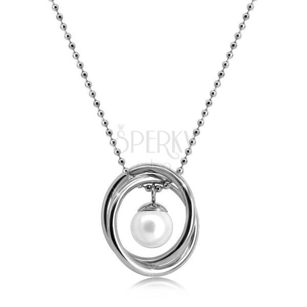 Náhrdelník z oceli ve stříbrné barvě - kuličkový řetízek, dva zkřížené kruhy, perleťová kulička