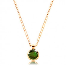 Zlatý náhrdelník 585 - kulatý olivově zelený zirkon, lesklý řetízek z oválných oček