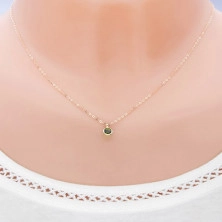 Zlatý náhrdelník 585 - kulatý olivově zelený zirkon, lesklý řetízek z oválných oček